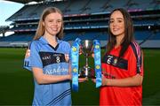 11 March 2025; At the Lidl All-Ireland Junior Post-Primary Schools Finals Captains day, held in Croke Park, Dublin, are Cara McMoran of St Patrick's Academy, Dungannon, Tyrone, left, and Cara O'Brien of St Mary's Secondary School, Macroom, Cork, ahead of their Lidl All-Ireland Post Primary School Junior ‘B’ Championship Final. Photo by Stephen McCarthy/Sportsfile