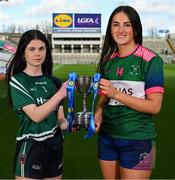 11 March 2025; At the Lidl All-Ireland Junior Post-Primary Schools Finals Captains day, held in Croke Park, Dublin, are Caoimhe Brady of Bailieborough Community School, Cavan, left, and Isabelle O'Brien of Scoil Mhuire agus Íde, Limerick, ahead of their Lidl All-Ireland Post Primary School Junior ‘C’ Championship Final. Photo by Stephen McCarthy/Sportsfile