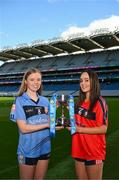 11 March 2025; At the Lidl All-Ireland Junior Post-Primary Schools Finals Captains day, held in Croke Park, Dublin, are Cara McMoran of St Patrick's Academy, Dungannon, Tyrone, left, and Cara O'Brien of St Mary's Secondary School, Macroom, Cork, ahead of their Lidl All-Ireland Post Primary School Junior ‘B’ Championship Final. Photo by Stephen McCarthy/Sportsfile
