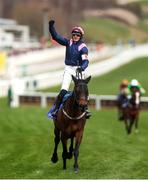 11 March 2025: Paul Townend, aboard Kopek Des Bordes, celebrates after winning the Michael O’Sullivan Supreme Novices’ Hurdle on day one of the Cheltenham Racing Festival at Prestbury Park in Cheltenham, England. Photo by Harry Murphy/Sportsfile