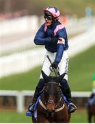 11 March 2025: Paul Townend, aboard Kopek Des Bordes, celebrates by pointing to a Cork crest after winning the Michael O’Sullivan Supreme Novices’ Hurdle on day one of the Cheltenham Racing Festival at Prestbury Park in Cheltenham, England. Photo by Harry Murphy/Sportsfile