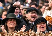 11 March 2025: A racegoer celebrates after Kopek Des Bordes won the Michael O’Sullivan Supreme Novices’ Hurdle on day one of the Cheltenham Racing Festival at Prestbury Park in Cheltenham, England. Photo by David Fitzgerald/Sportsfile