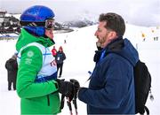 11 March 2025; Lorraine Whelan of Team Ireland, a member of Kilternan Karvers, Delgany, Wicklow, with Matt English, CEO, Special Olympics Ireland, after the 'Divisional rounds' in the Alpine Skiing event during day three of the Turin 2025 Special Olympics World Winter Games in Sestriere, Italy. Photo by Ray McManus/Sportsfile