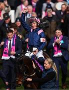 11 March 2025: Paul Townend, aboard Kopek Des Bordes, celebrates after winning the Michael O’Sullivan Supreme Novices’ Hurdle on day one of the Cheltenham Racing Festival at Prestbury Park in Cheltenham, England. Photo by Harry Murphy/Sportsfile
