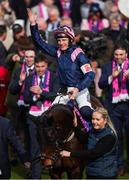 11 March 2025: Paul Townend, aboard Kopek Des Bordes, and owner Charlie McCarthy celebrate after winning the Michael O’Sullivan Supreme Novices’ Hurdle on day one of the Cheltenham Racing Festival at Prestbury Park in Cheltenham, England. Photo by Harry Murphy/Sportsfil