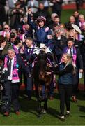 11 March 2025: Paul Townend, aboard Kopek Des Bordes, and owner Charlie McCarthy celebrate after winning the Michael O’Sullivan Supreme Novices’ Hurdle on day one of the Cheltenham Racing Festival at Prestbury Park in Cheltenham, England. Photo by Harry Murphy/Sportsfile