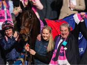 11 March 2025: Paul Townend, aboard Kopek Des Bordes, and owner Charlie McCarthy celebrate after winning the Michael O’Sullivan Supreme Novices’ Hurdle on day one of the Cheltenham Racing Festival at Prestbury Park in Cheltenham, England. Photo by Harry Murphy/Sportsfile