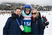 11 March 2025; Lorraine Whelan of Team Ireland, a member of Kilternan Karvers, Delgany, Wicklow, with Karen Coventry, Director of Sport, Special Olympics Ireland, and Matt English, CEO, Special Olympics Ireland, after the 'Divisional rounds' in the Alpine Skiing event during day three of the Turin 2025 Special Olympics World Winter Games in Sestriere, Italy. Photo by Ray McManus/Sportsfile