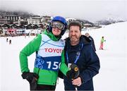 11 March 2025; Lorraine Whelan of Team Ireland, a member of Kilternan Karvers, Delgany, Wicklow, with Matt English, CEO, Special Olympics Ireland, after the 'Divisional rounds' in the Alpine Skiing event during day three of the Turin 2025 Special Olympics World Winter Games in Sestriere, Italy. Photo by Ray McManus/Sportsfile