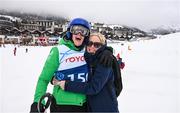 11 March 2025; Lorraine Whelan of Team Ireland, a member of Kilternan Karvers, Delgany, Wicklow, with Karen Coventry, Director of Sport, Special Olympics Ireland, after the 'Divisional rounds' in the Alpine Skiing event during day three of the Turin 2025 Special Olympics World Winter Games in Sestriere, Italy. Photo by Ray McManus/Sportsfile