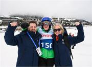 11 March 2025; Lorraine Whelan of Team Ireland, a member of Kilternan Karvers, Delgany, Wicklow, with Karen Coventry, Director of Sport, Special Olympics Ireland, and Matt English, CEO, Special Olympics Ireland, after the 'Divisional rounds' in the Alpine Skiing event during day three of the Turin 2025 Special Olympics World Winter Games in Sestriere, Italy. Photo by Ray McManus/Sportsfile