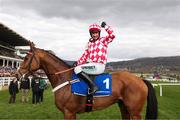 11 March 2025: Nico de Boinville, aboard Jango Baie, celebrates after winning the The My Pension Expert Arkle Novices’ Chase on day one of the Cheltenham Racing Festival at Prestbury Park in Cheltenham, England. Photo by Harry Murphy/Sportsfile