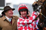 11 March 2025: Trainer Nickey Henderson, lef,t and jockey Nico de Boinville, with Jango Baie, after winning the The My Pension Expert Arkle Novices’ Chase on day one of the Cheltenham Racing Festival at Prestbury Park in Cheltenham, England. Photo by David Fitzgerald/Sportsfile
