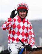 11 March 2025: Jockey Nico de Boinville, aboard Jango Baie, celebrates after winning the The My Pension Expert Arkle Novices’ Chase on day one of the Cheltenham Racing Festival at Prestbury Park in Cheltenham, England. Photo by David Fitzgerald/Sportsfile