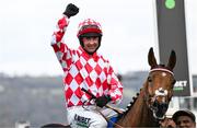 11 March 2025: Jockey Nico de Boinville, aboard Jango Baie, celebrates after winning the The My Pension Expert Arkle Novices’ Chase on day one of the Cheltenham Racing Festival at Prestbury Park in Cheltenham, England. Photo by David Fitzgerald/Sportsfile