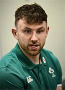 11 March 2025; Hugo Keenan during an Ireland Rugby media conference at IRFU High Performance Centre in Dublin. Photo by Ramsey Cardy/Sportsfile