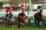 11 March 2025: Nico de Boinville, aboard Jango Baie, ahead of fourth placed L'eau Du Sud, left, with Harry Skelton up, and third placed Majborough, with Mark Walsh up, celebrates after winning the The My Pension Expert Arkle Novices’ Chase on day one of the Cheltenham Racing Festival at Prestbury Park in Cheltenham, England. Photo by Harry Murphy/Sportsfile