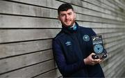 12 March 2025; Aidan Keena of St Patrick's Athletic with his SSE Airtricity / SWI Player of the Month Award for February 2025 at the Sport Ireland Campus in Dublin. Photo by Ramsey Cardy/Sportsfile