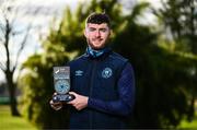 12 March 2025; Aidan Keena of St Patrick's Athletic with his SSE Airtricity / SWI Player of the Month Award for February 2025 at the Sport Ireland Campus in Dublin. Photo by Ramsey Cardy/Sportsfile