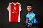 12 March 2025; Aidan Keena of St Patrick's Athletic with his SSE Airtricity / SWI Player of the Month Award for February 2025 at the Sport Ireland Campus in Dublin. Photo by Ramsey Cardy/Sportsfile