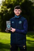12 March 2025; Aidan Keena of St Patrick's Athletic with his SSE Airtricity / SWI Player of the Month Award for February 2025 at the Sport Ireland Campus in Dublin. Photo by Ramsey Cardy/Sportsfile