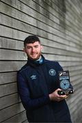 12 March 2025; Aidan Keena of St Patrick's Athletic with his SSE Airtricity / SWI Player of the Month Award for February 2025 at the Sport Ireland Campus in Dublin. Photo by Ramsey Cardy/Sportsfile