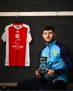 12 March 2025; Aidan Keena of St Patrick's Athletic with his SSE Airtricity / SWI Player of the Month Award for February 2025 at the Sport Ireland Campus in Dublin. Photo by Ramsey Cardy/Sportsfile