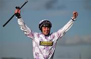 11 March 2025: Lorcan Williams, aboard Golden Ace, celebrates after winning the Unibet Champion Hurdle on day one of the Cheltenham Racing Festival at Prestbury Park in Cheltenham, England. Photo by David Fitzgerald/Sportsfile