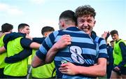 11 March 2025; Killian McGivern of St Vincent's Castleknock College, right, celebrates with team-mate Matthew Lynch after their side's victory in the Bank of Ireland Leinster Rugby Boys Schools Junior Cup semi-final match between Blackrock College and St Vincent's Castleknock College at Energia Park in Dublin. Photo by Shauna Clinton/Sportsfile