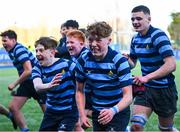 11 March 2025; St Vincent's Castleknock College players celebrate after their side's victory in the Bank of Ireland Leinster Rugby Boys Schools Junior Cup semi-final match between Blackrock College and St Vincent's Castleknock College at Energia Park in Dublin. Photo by Shauna Clinton/Sportsfile