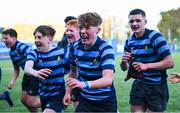 11 March 2025; St Vincent's Castleknock College players celebrate after their side's victory in the Bank of Ireland Leinster Rugby Boys Schools Junior Cup semi-final match between Blackrock College and St Vincent's Castleknock College at Energia Park in Dublin. Photo by Shauna Clinton/Sportsfile