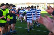 11 March 2025; Blackrock College players leave the pitch dejected after their side's defeat in the Bank of Ireland Leinster Rugby Boys Schools Junior Cup semi-final match between Blackrock College and St Vincent's Castleknock College at Energia Park in Dublin. Photo by Shauna Clinton/Sportsfile