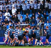 11 March 2025; Jack O'Connor of Blackrock College and Ebe Flynn of St Vincent's Castleknock College tussle during the Bank of Ireland Leinster Rugby Boys Schools Junior Cup semi-final match between Blackrock College and St Vincent's Castleknock College at Energia Park in Dublin. Photo by Shauna Clinton/Sportsfile