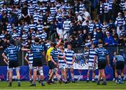 11 March 2025; Referee Mitch Enderby shows a yellow card to Jack O'Connor of Blackrock College during the Bank of Ireland Leinster Rugby Boys Schools Junior Cup semi-final match between Blackrock College and St Vincent's Castleknock College at Energia Park in Dublin. Photo by Shauna Clinton/Sportsfile