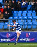 11 March 2025; Charles Coffey of Blackrock College kicks a conversion during the Bank of Ireland Leinster Rugby Boys Schools Junior Cup semi-final match between Blackrock College and St Vincent's Castleknock College at Energia Park in Dublin. Photo by Shauna Clinton/Sportsfile