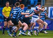 11 March 2025; Patrick Martin of Blackrock College is tackled by Ebe Flynn of St Vincent's Castleknock College during the Bank of Ireland Leinster Rugby Boys Schools Junior Cup semi-final match between Blackrock College and St Vincent's Castleknock College at Energia Park in Dublin. Photo by Shauna Clinton/Sportsfile