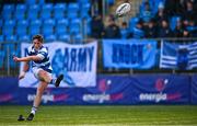 11 March 2025; Charles Coffey of Blackrock College kicks a conversion during the Bank of Ireland Leinster Rugby Boys Schools Junior Cup semi-final match between Blackrock College and St Vincent's Castleknock College at Energia Park in Dublin. Photo by Shauna Clinton/Sportsfile