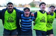 11 March 2025; St Vincent's Castleknock College players celebrate after their side's victory in the Bank of Ireland Leinster Rugby Boys Schools Junior Cup semi-final match between Blackrock College and St Vincent's Castleknock College at Energia Park in Dublin. Photo by Shauna Clinton/Sportsfile