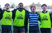 11 March 2025; St Vincent's Castleknock College players celebrate after their side's victory in the Bank of Ireland Leinster Rugby Boys Schools Junior Cup semi-final match between Blackrock College and St Vincent's Castleknock College at Energia Park in Dublin. Photo by Shauna Clinton/Sportsfile
