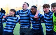 11 March 2025; St Vincent's Castleknock College players celebrate after their side's victory in the Bank of Ireland Leinster Rugby Boys Schools Junior Cup semi-final match between Blackrock College and St Vincent's Castleknock College at Energia Park in Dublin. Photo by Shauna Clinton/Sportsfile