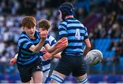 11 March 2025; Billy Reilly of St Vincent's Castleknock College makes a pass during the Bank of Ireland Leinster Rugby Boys Schools Junior Cup semi-final match between Blackrock College and St Vincent's Castleknock College at Energia Park in Dublin. Photo by Shauna Clinton/Sportsfile
