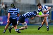 11 March 2025; Felix Burke of Blackrock College is tackled by Hugh Hanley of St Vincent's Castleknock College during the Bank of Ireland Leinster Rugby Boys Schools Junior Cup semi-final match between Blackrock College and St Vincent's Castleknock College at Energia Park in Dublin. Photo by Shauna Clinton/Sportsfile