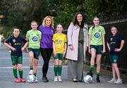11 March 2025; FAI's head of women and girls football Hannah Dingley with Railway Union Football Club's, from left, Molly Byrne, Jessie Keating, coach Lisa Lyons, Mai Coonan, Grace Cahill and Jessica Lyons at St Stephen's Green in Dublin, ahead of the launch of FAI's Women & Girls' Football Action Plan held at the Mansion House in Dublin. Photo by Stephen McCarthy/Sportsfile