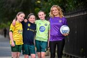 11 March 2025; Railway Union Football Club's Mai Coonan, Jessica Lyons, Jessie Keating and coach Lisa Lyons at St Stephen's Green in Dublin, ahead of the launch of FAI's Women & Girls' Football Action Plan held at the Mansion House in Dublin. Photo by Stephen McCarthy/Sportsfile