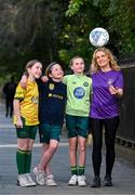 11 March 2025; Railway Union Football Club's Mai Coonan, Jessica Lyons, Jessie Keating and coach Lisa Lyons at St Stephen's Green in Dublin, ahead of the launch of FAI's Women & Girls' Football Action Plan held at the Mansion House in Dublin. Photo by Stephen McCarthy/Sportsfile