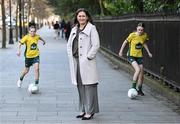 11 March 2025; FAI's head of women and girls football Hannah Dingley with Railway Union Football Club's Jessie Keating and Grace Cahill, right, at St Stephen's Green in Dublin, ahead of the launch of FAI's Women & Girls' Football Action Plan held at the Mansion House in Dublin. Photo by Stephen McCarthy/Sportsfile