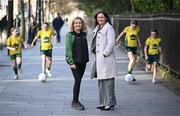 11 March 2025; FAI's head of women and girls football Hannah Dingley and Railway Union Football Club coach coach Lisa Lyons with Railway Union Football Club players, from left, Mai Coonan, Jessie Keating, Grace Cahill and Jessica Lyons at St Stephen's Green in Dublin, ahead of the launch of FAI's Women & Girls' Football Action Plan held at the Mansion House in Dublin. Photo by Stephen McCarthy/Sportsfile