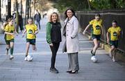 11 March 2025; FAI's head of women and girls football Hannah Dingley and Railway Union Football Club coach coach Lisa Lyons with Railway Union Football Club players, from left, Mai Coonan, Jessie Keating, Grace Cahill and Jessica Lyons at St Stephen's Green in Dublin, ahead of the launch of FAI's Women & Girls' Football Action Plan held at the Mansion House in Dublin. Photo by Stephen McCarthy/Sportsfile