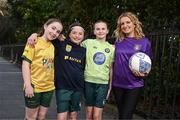 11 March 2025; Railway Union Football Club's Mai Coonan, Jessica Lyons, Jessie Keating and coach Lisa Lyons at St Stephen's Green in Dublin, ahead of the launch of FAI's Women & Girls' Football Action Plan held at the Mansion House in Dublin. Photo by Stephen McCarthy/Sportsfile