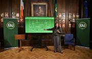 11 March 2025; FAI's head of women and girls football Hannah Dingley at the launch of FAI's Women & Girls' Football Action Plan held at the Mansion House in Dublin. Photo by Stephen McCarthy/Sportsfile